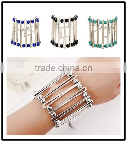 2016 unique double layer beades metal cuff bangle elastic stone beaded cuff bangle diy beaded bangle