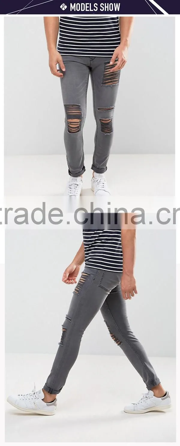 New style custom men's skinny jeans pants with extreme rips in grey wash