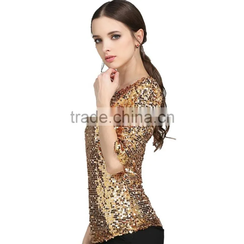 Womens sequin paillette detail golden hot gilrs tight shirt
