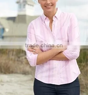 2015 Easy Care Washed Oxford Shirt three-Quarter-Sleeve Multi-Stripe elegant blouses for ladies