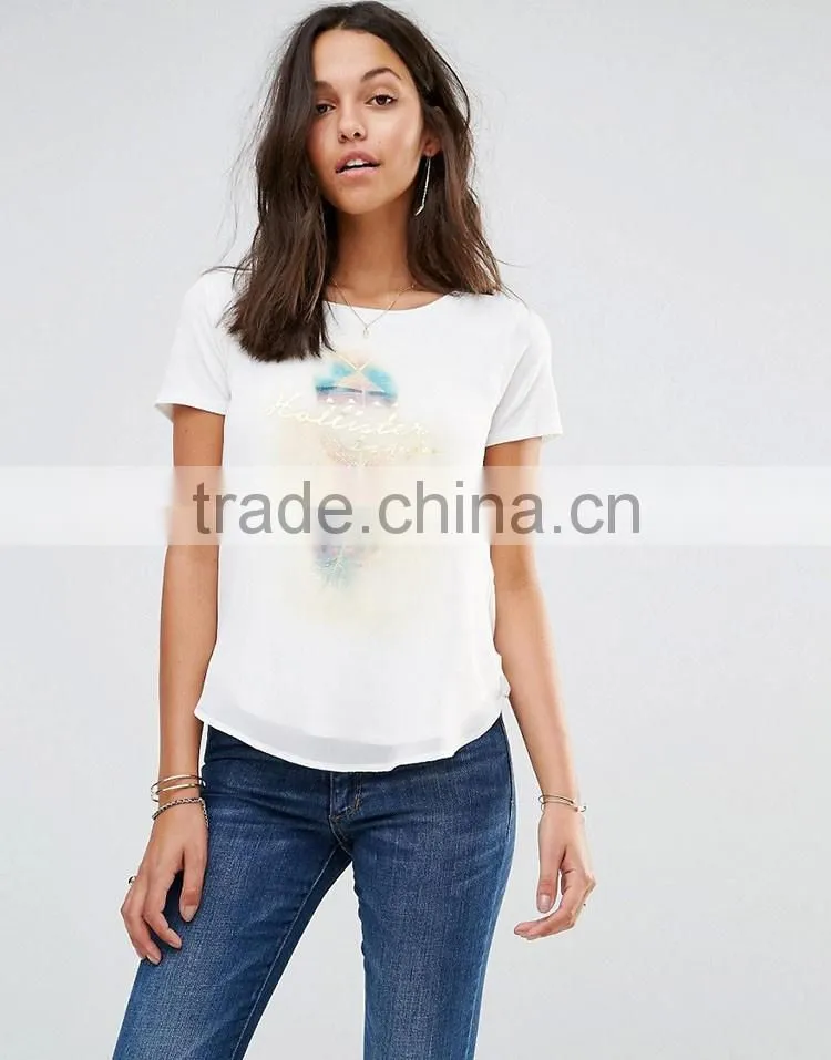 Guangzhou High Quality Sport Casual O-Neck Short Sleeve Curved Hem White 180g 100% Polyester Chiffon Ladies T Shirt