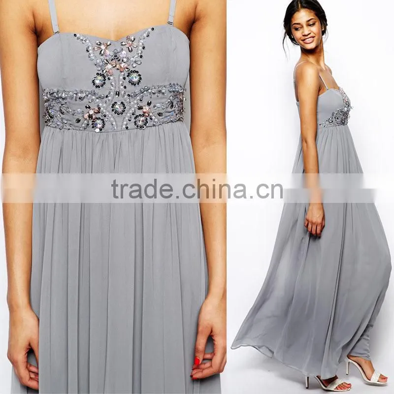 hot selling elegant grey maxi dress classy ladies prom dresses 2014