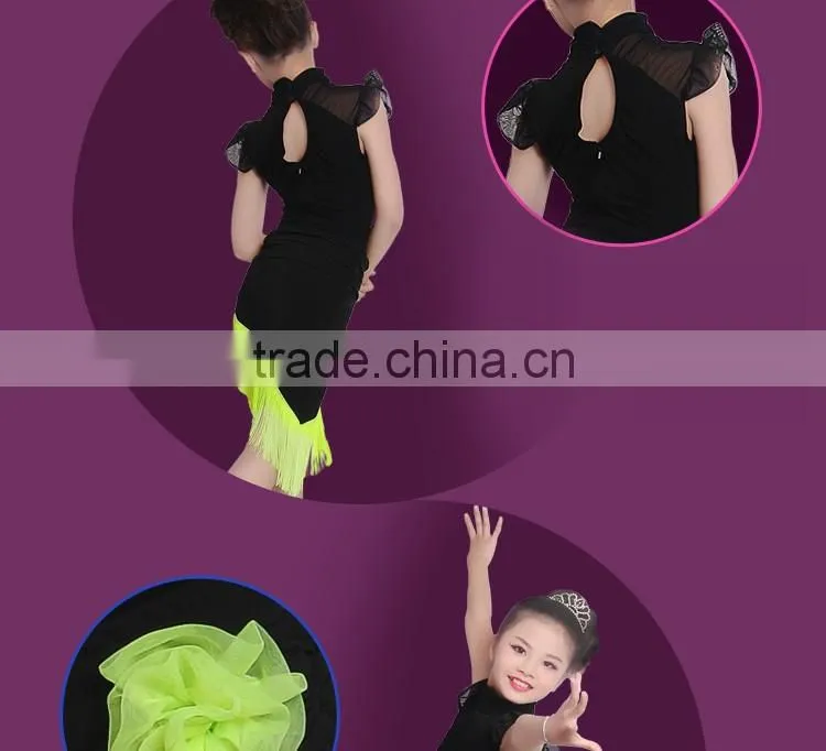 2016 New Child Kid Samba Tango Elegant Dance Dress Girls High Neck Performance Latin Dance Skirt Suit