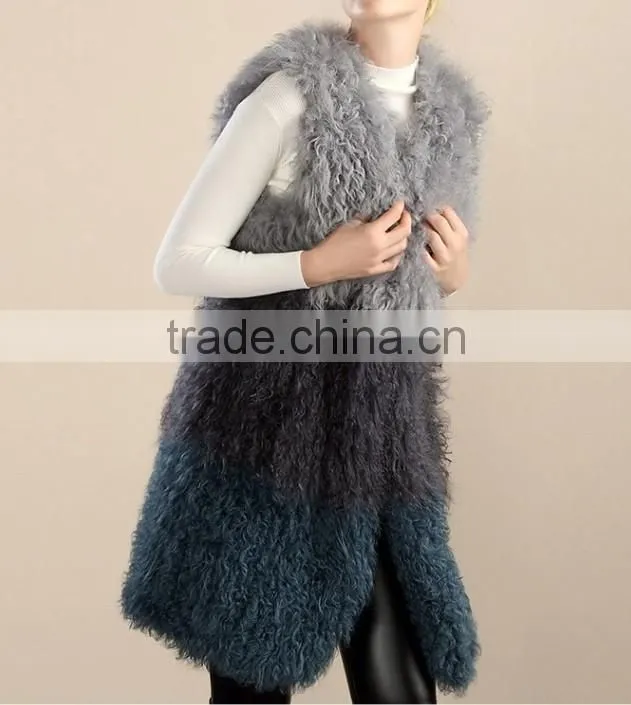 Yanran Fur Fashion YR1000 Block Color Top Quality Real Curly Lamb Hand Knit Fur Vest