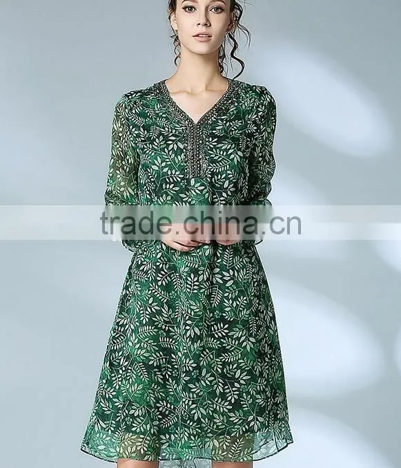 Ladies elegant party dress chiffon leaf bead loose prom dress 2017