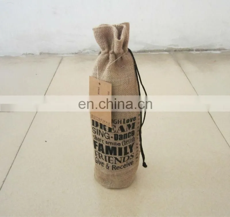 promotional jute wine drawstring bag with paper tag tied on the drawstring