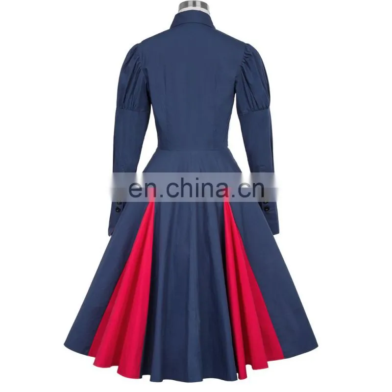 Belle Poque Victorian Style Long Sleeve Shirt Collar Contrast Color Navy Swing Retro Vintage Dress BP000366-3