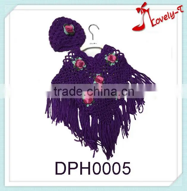 2015 New fashion Cloths girls crochet Knitting flower embroidery kids knit poncho shawl with hood