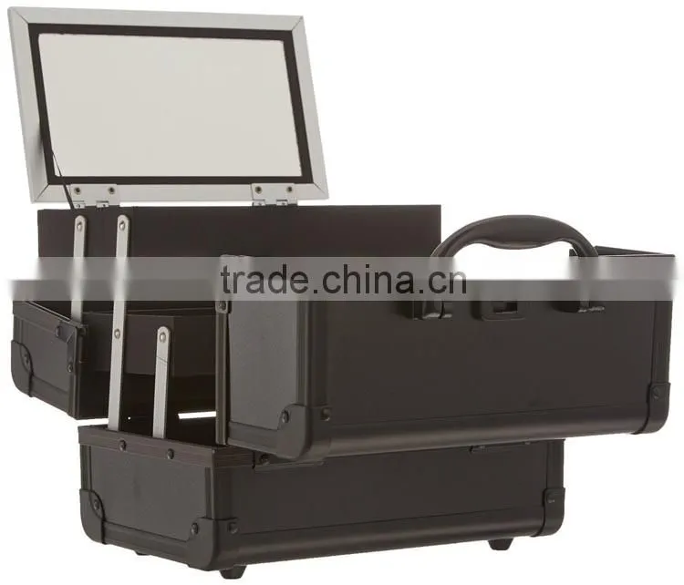 Aluminum Makeup Train Case, Travel Cosmetic Box with Trays, Mirror and Shoulder Strap,Black Aluminum Makeup Jewlery case