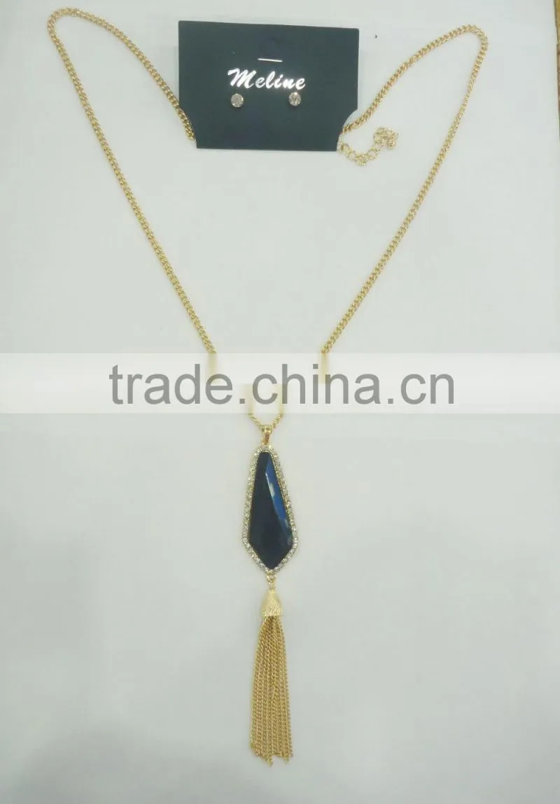 FASHION BIG STONE PENDANT NECKLACE EARRING SET WITH CHAIN TASSEL