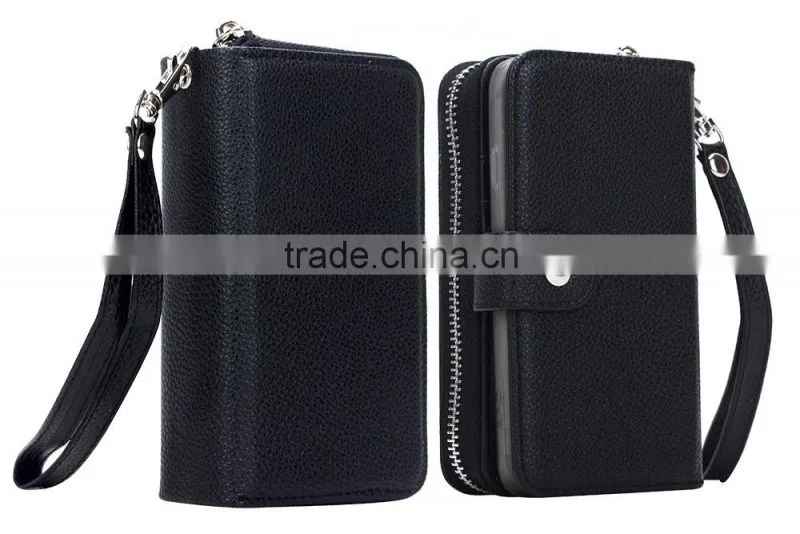 Fashion Zipper PU leather Wallet Card Slot Black cell phone case for iPhone 6/6s