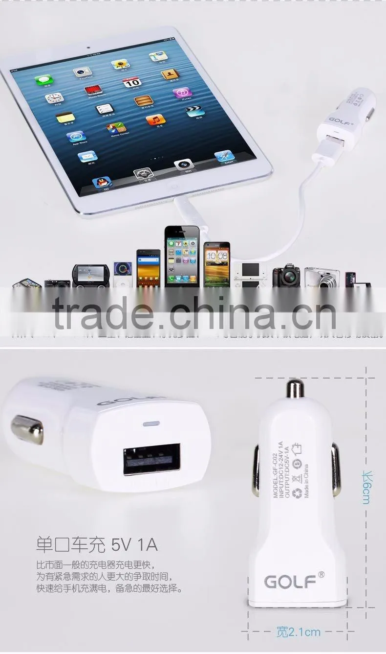 GOLF GF-C02 5V/1A Fast Charging Auto USB Car Charger For iPhone 5/5s 6/6s USB Car Charger For Mobile Phone GPS MP3/4 TB-0376