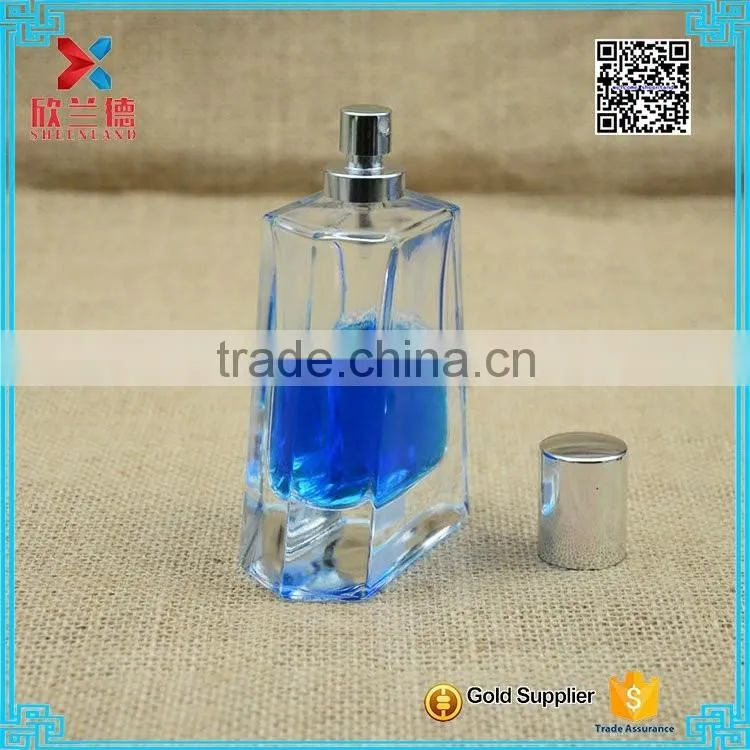 Hot selling 80ml Triangle shape glass perfume bottles with pump spray