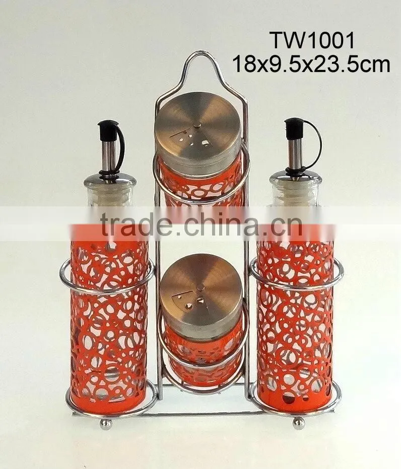 TW1039 4pcs glass oil vinegar salt pepper set with metal casing and rack