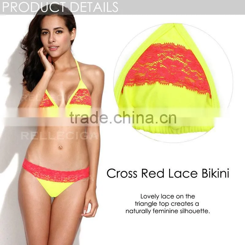 RELLECIGA 2016 Lace Collection -New Neon Yellow + Cross Red Lace Bikini Swimsuit with Triangle Top and Brazilian Cut Scrunch But