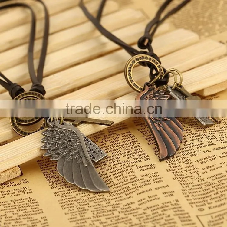 cross wing make adjustable cord leather lariat necklace