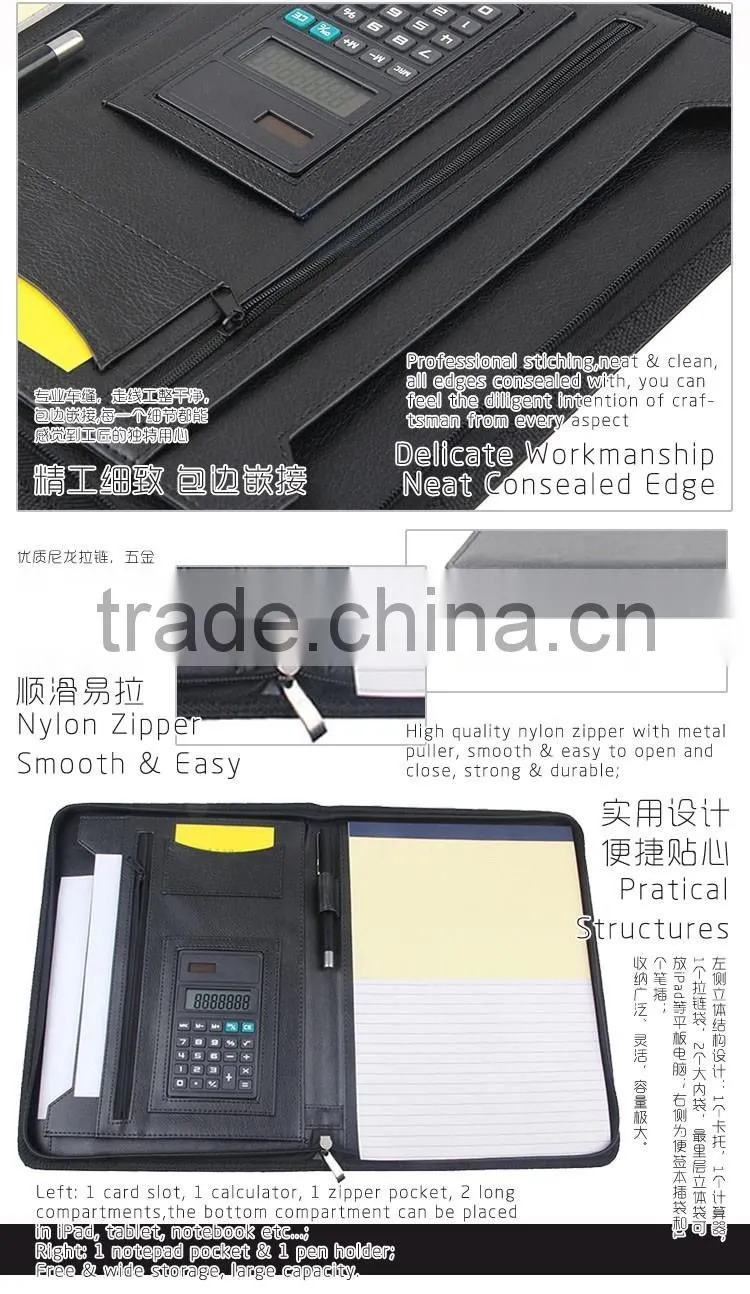 A4 Black PU/PVC Leather Zipper Notepad Portfolio With Calculator