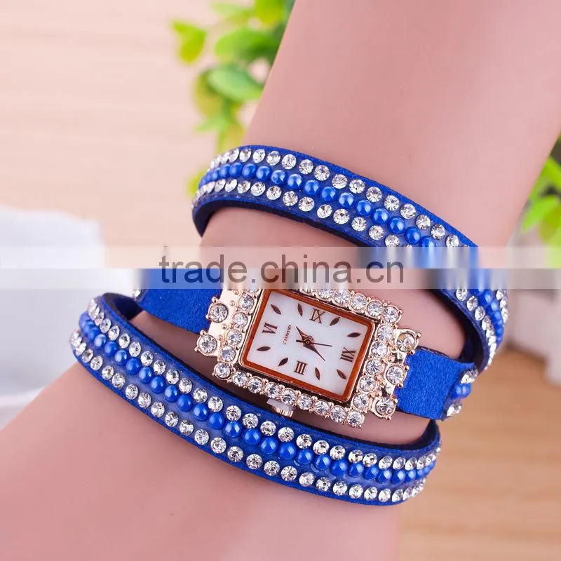 2016 new product Vintage Fashion watch, leather watch bracelet with pearl and stones