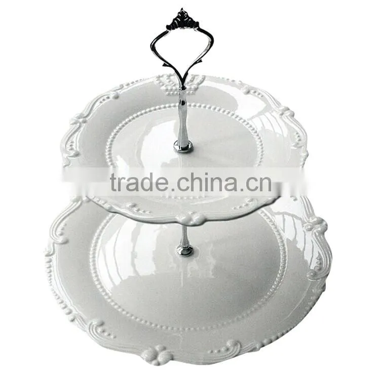 Wholesale fine royal new bone china white embossed two layer ceramic dessert plate with crown design
