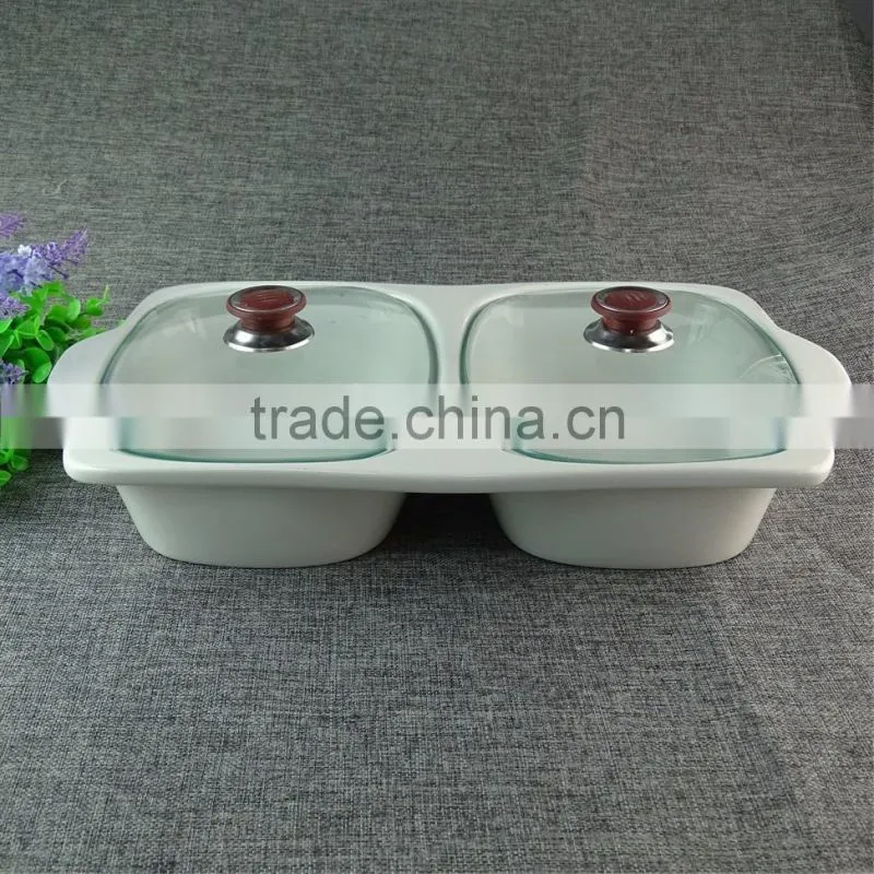 Stocked white ceramic soup tureen devided tureen with glass lid