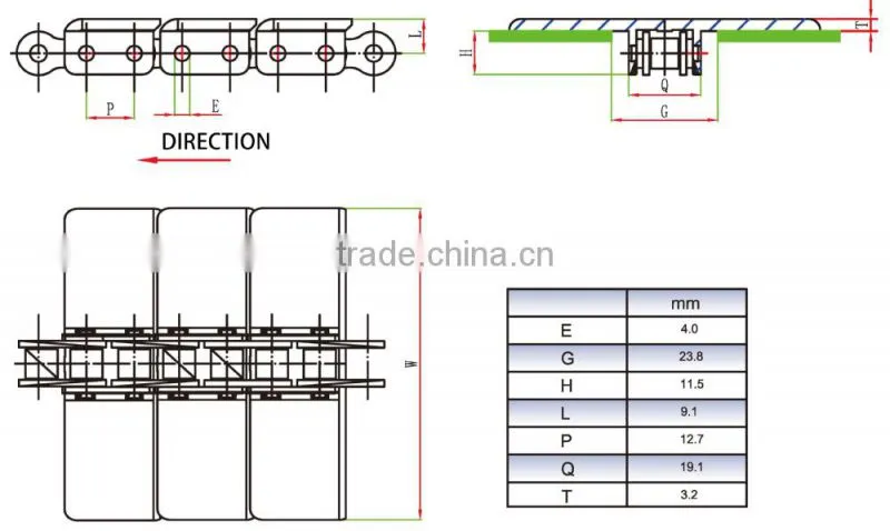 843 series embedded roller chain plastic flat top chain