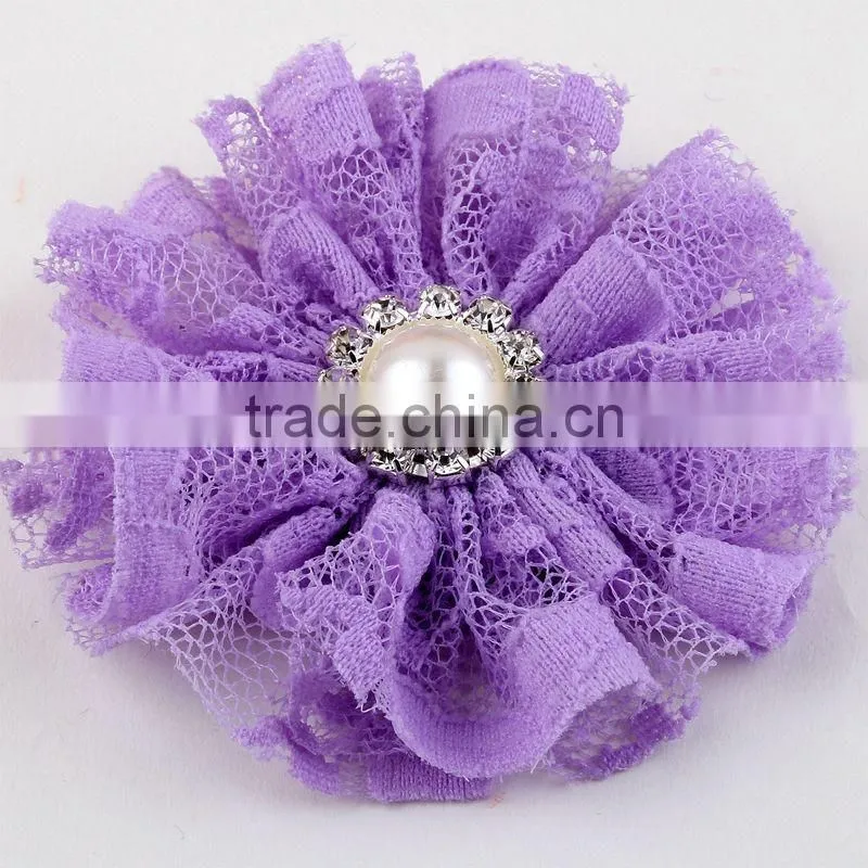 lace flower with pearl rhinestone in center for kids hair accessories