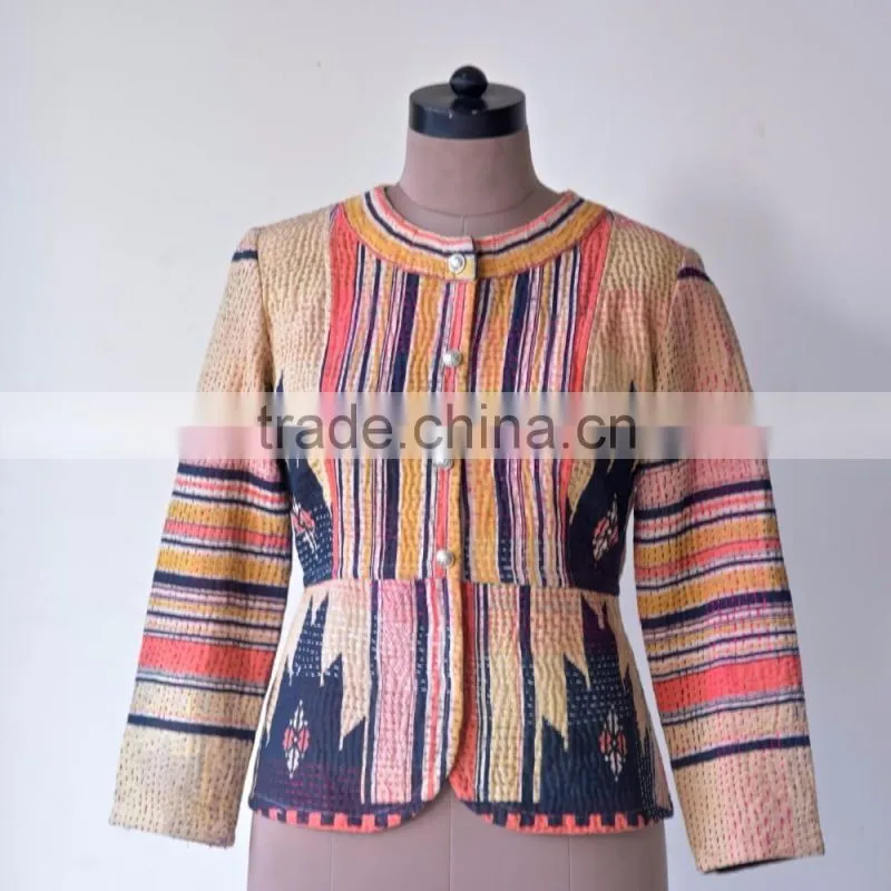 Hand Crafted Kantha Jacket in Beautiful Vintage Color Print ~ Large