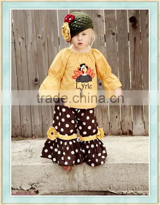 Baby Kids Girl's Clothing Fall Wholesale Children Turkey Outfits Gobble Boutique Thanksgiving Peasant Top and Ruffle Pants Sets