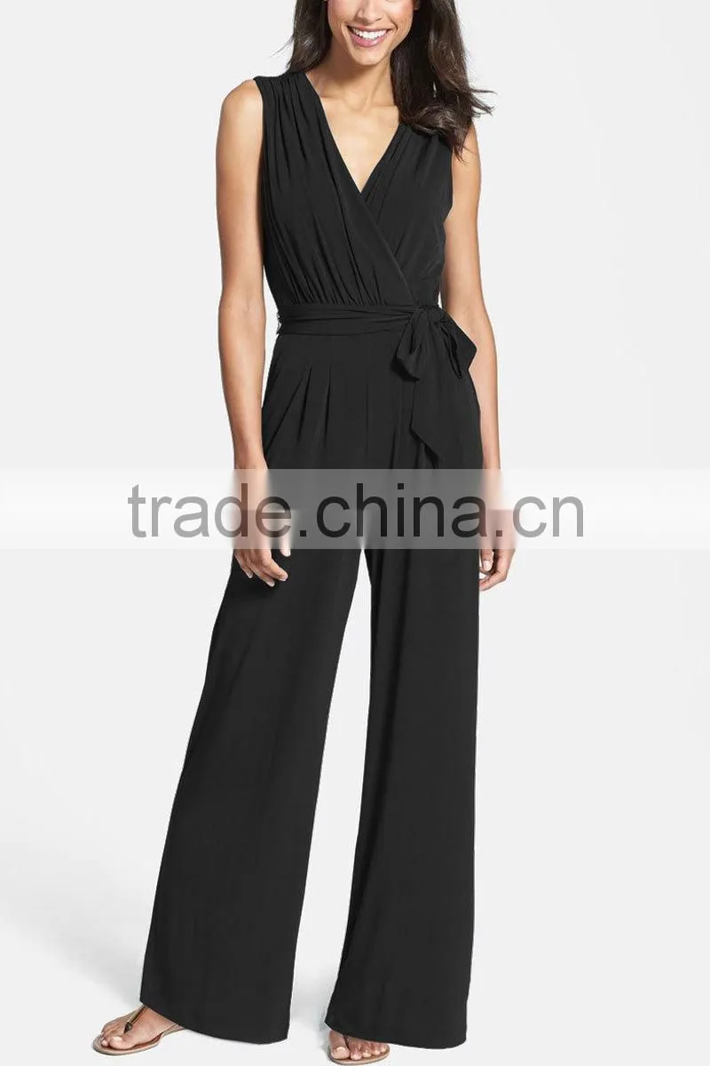 Fashion One Piece V Neck Sexy Sleeveless Wide Leg Ladies Jumpsuit For Wholesale 2017