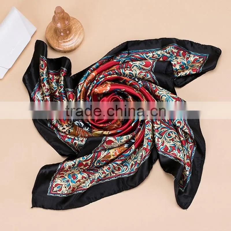 2017 Fashion Lady's Custom Digital Print Silk Satin Square Lady Scarf 90*90