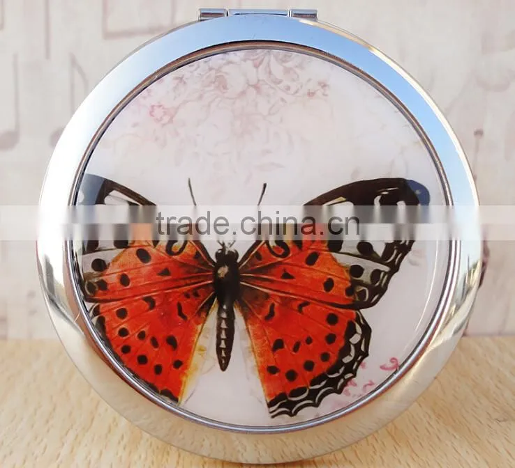 7cm Round Cosmetic Purse Compact Makeup Handbag Mirror with Butterfly
