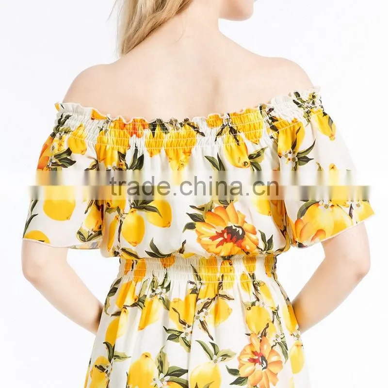 Summer Ladies Latest Fashion Boat Neck Printed Chiffon Dress Designs Women Off Shoulder Casual Dress