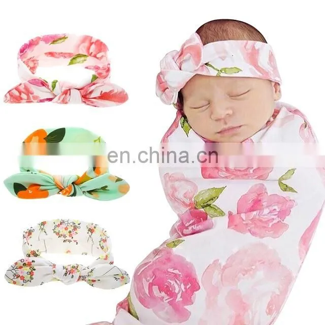 Newborn Baby Swaddle Receiving Blanket With a Matching Headband Set