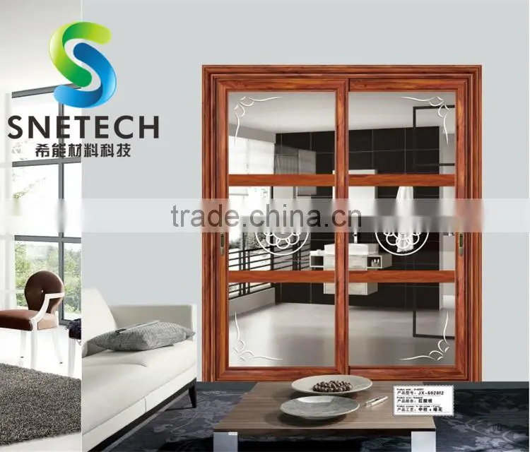 wood frames tempered glass with flower pattern strip for partition sliding doors