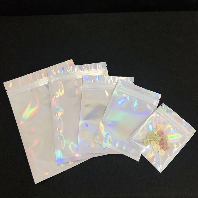 Hologram Mylar Cosmetic Glitter Powder Nail Polish Packaging Bags / Shinning Holographic Aluminum Foil Stand Up Pouch