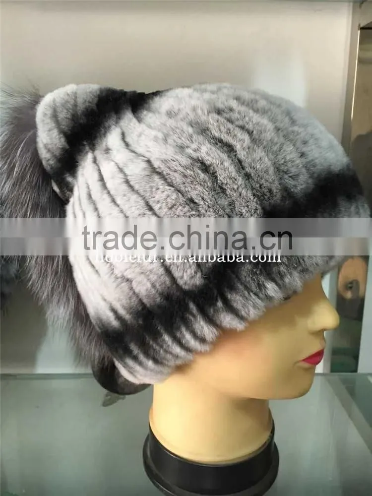 rex rabbit with fox fur pompom hat