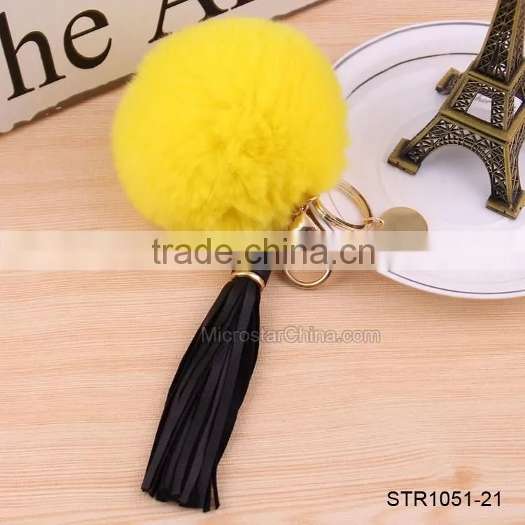 Custom Logo Genuine Leather Tassel Rabbit Fur Key Chain Pom Pom Fur Keychain