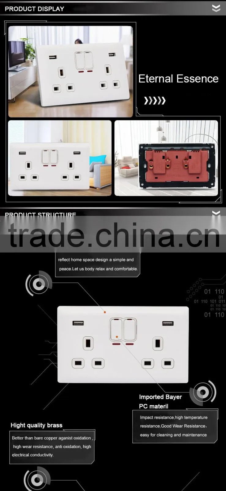 British standard 13a multi double 3 pin 2 gang wall switch socket with 2 usb outlet