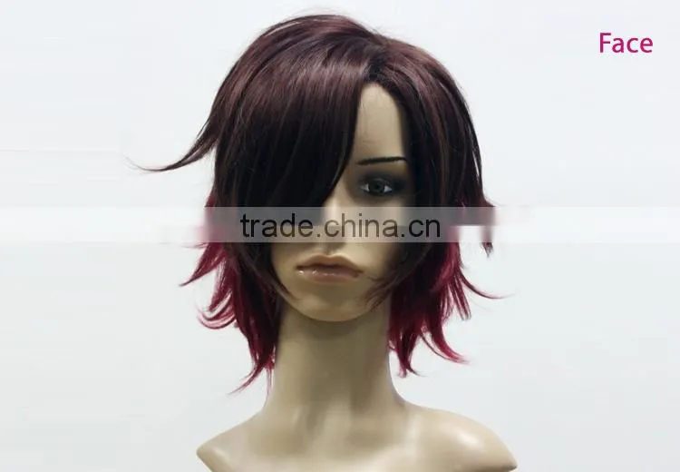 Mix color red black cheap full lace wig with caps synthetic natural hair cosplay wig