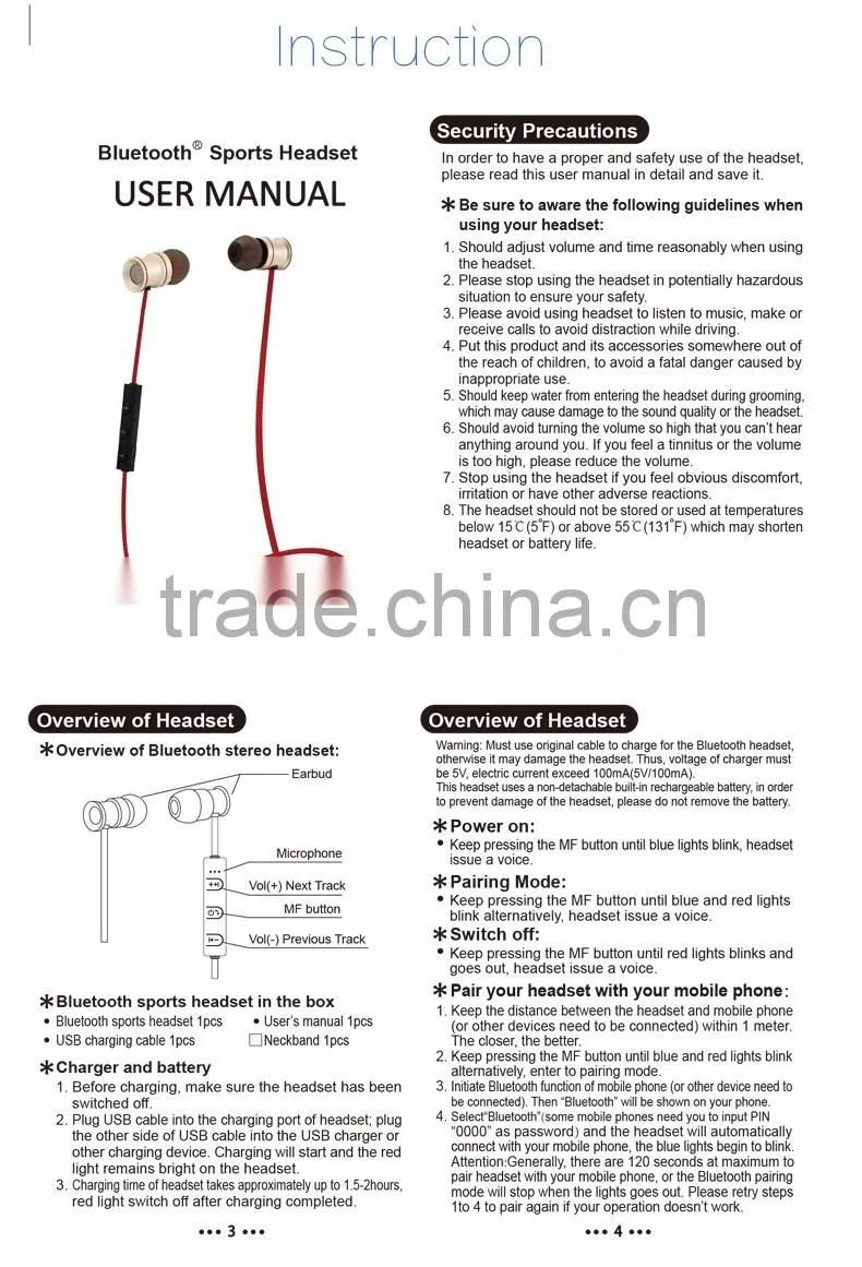 High quality Light Weight Sport Wireless Stereo bluetooth Headset headphone for all mobile phone