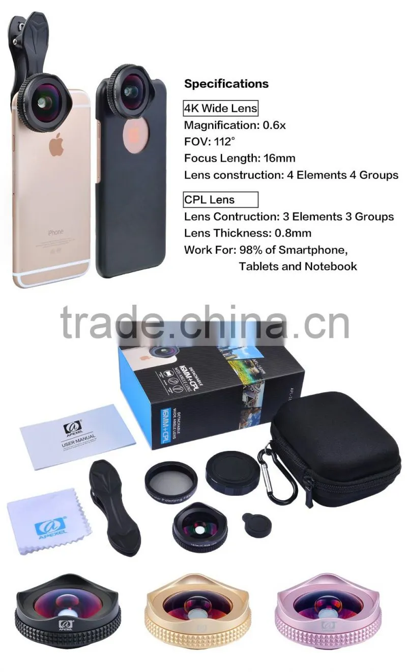 APEXEL 16mm 4K Wide Angle Lens+CPL Filter 2 in 1 Camera Lens for mobile phone,Black/Rose Gold Clip Wide Angle Lens for iPhone