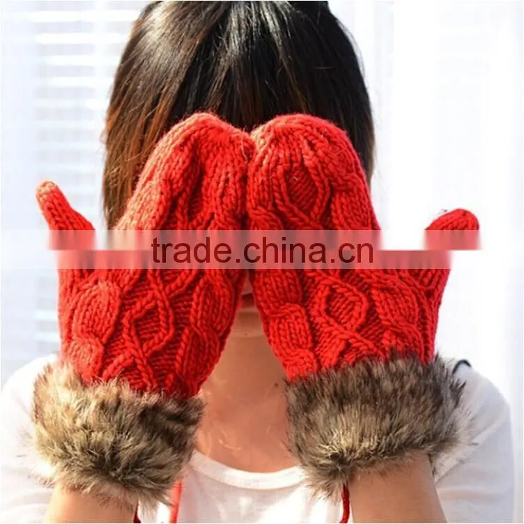 Lovely Women Double-Deck Wool Hang Neck Winter Mittens Knitted Warm Fur Gloves Cheap Wholesale
