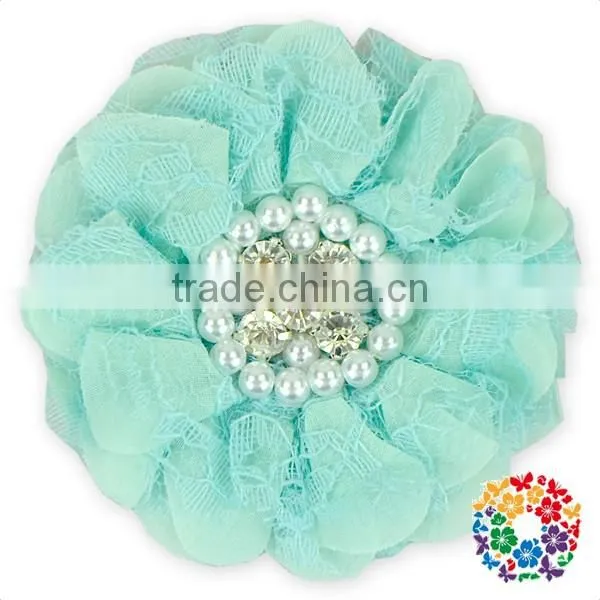 Red Chiffon Blossom Fabric Crystal Pearl Center Flowers