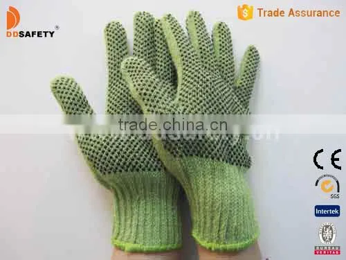 7G Green Polyester Woven With Black PVC Dots Both Sides Safety working Gloves