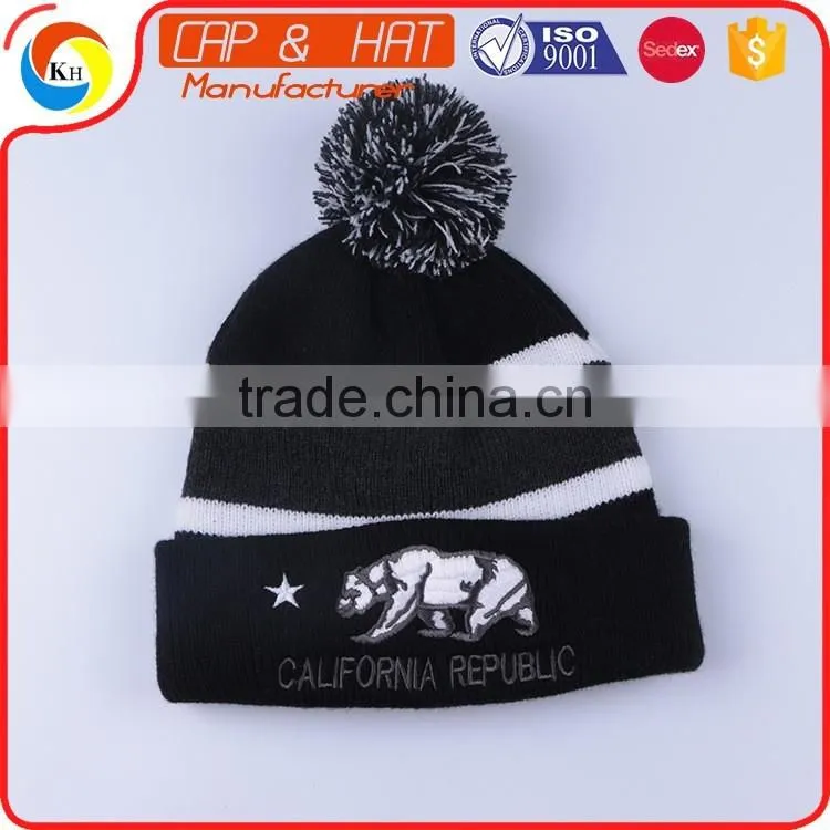 100% Acrylic Jacquard Knitted Hat Wither Embroidery CC Beanie