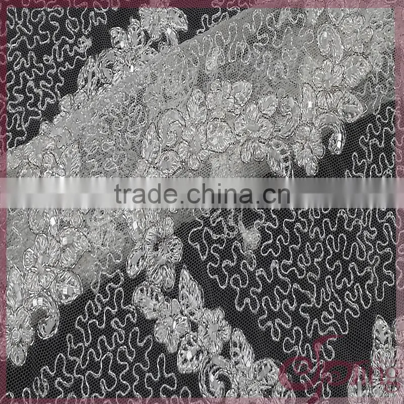 Silver metallic embroidery design netting fabric, sparkle embroidery design fabric for wedding dresses