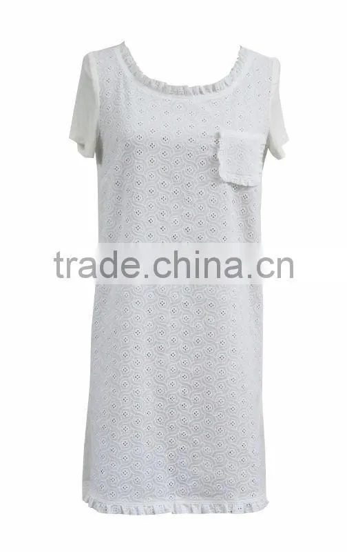 Ladies Beautiful fancy casual short sleeve long white dresses shirts for women with front bust pocket