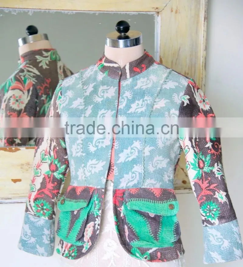 Vintage Kantha Jacket in Dirty Green & Brown ~ Small