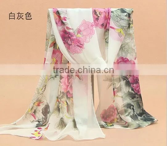 Fashion Women Chiffon Scarf Spring Summer Peony Flower Printing Elegant Lady Shawls Scarves