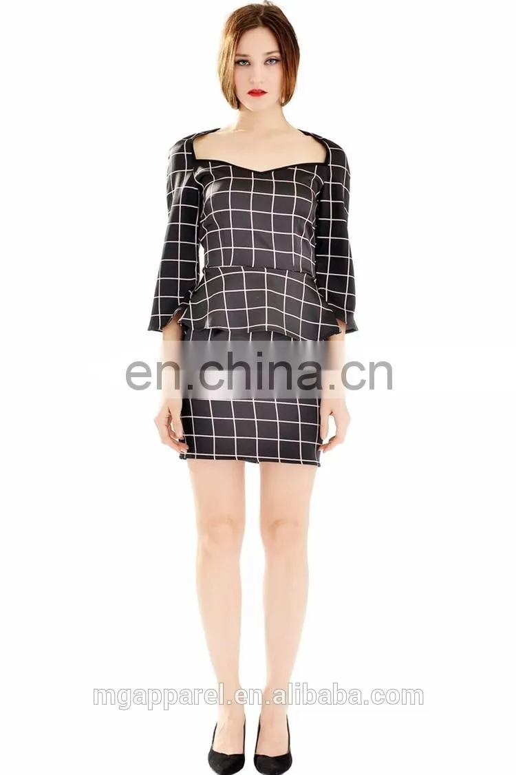 2015 new product elegant fancy windowpane plaid print women peplum dress long sleeve wholesale